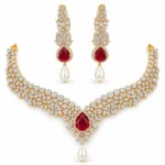 Traditional Floral Bridal Choker Set – 925 Sterling Silver – Gold Plated – Gold and Red High Quality Zircon & Pearl