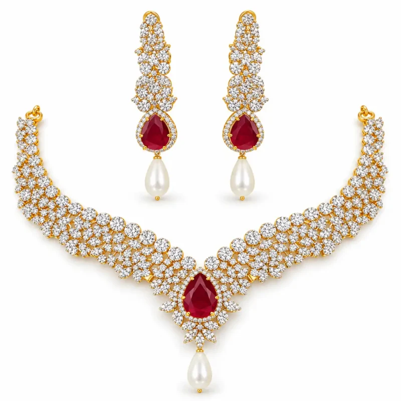 Traditional Floral Bridal Choker Set &ndash; 925 Sterling Silver &ndash; Gold Plated &ndash; Gold and Red High Quality Zircon & Pearl