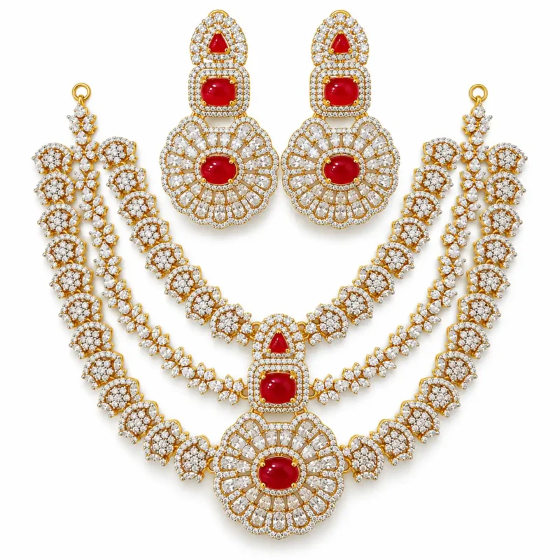 Maharani Layered Bridal Necklace Set &ndash; 925 Sterling Silver &ndash; Gold Plated &ndash; Gold and Red High Quality Zircon