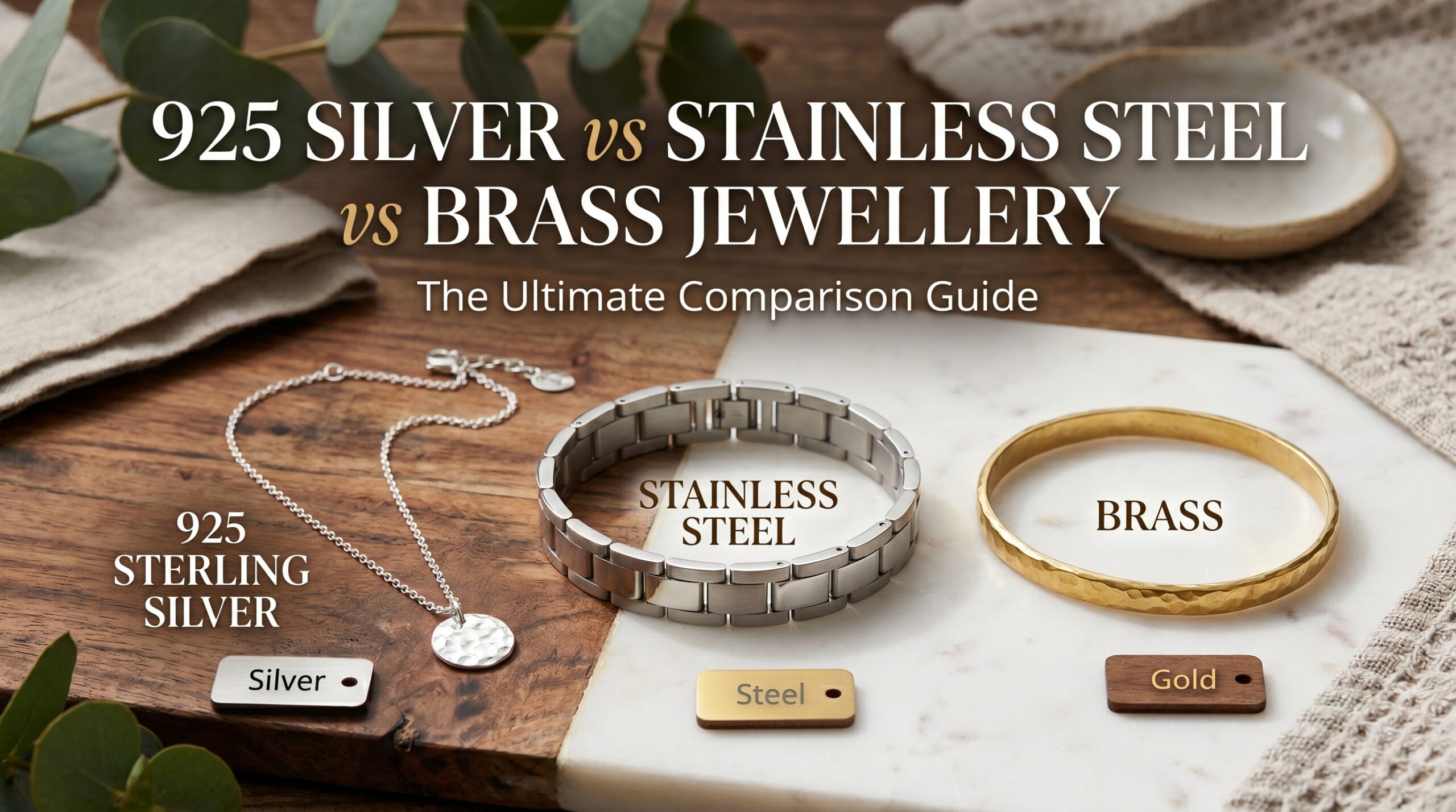 Comparison of 925 sterling silver, stainless steel, and brass jewelry featuring a silver necklace, a stainless steel bracelet, and a brass bangle on a wooden and marble surface with labels for each material.