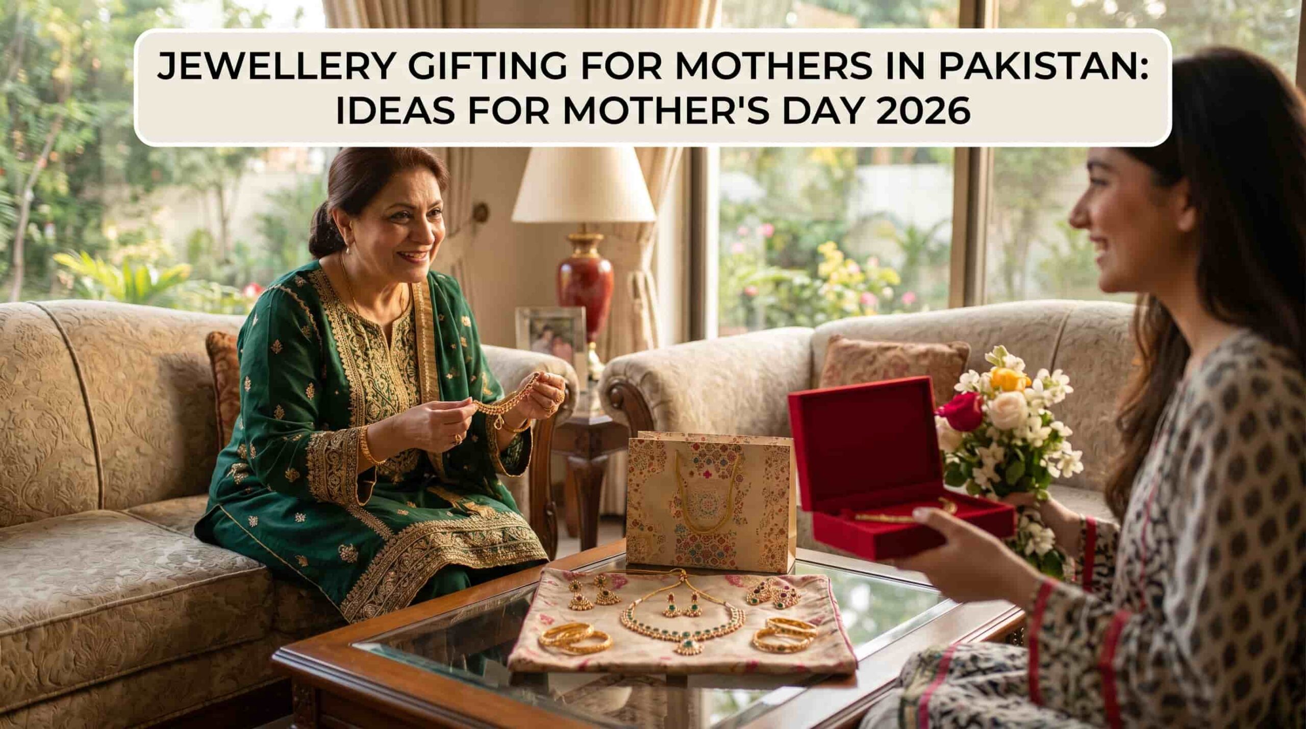 A daughter presents a jewelry gift box to her smiling mother in a cozy living room, with traditional gold jewelry sets displayed on a table for Mother’s Day in Pakistan.
