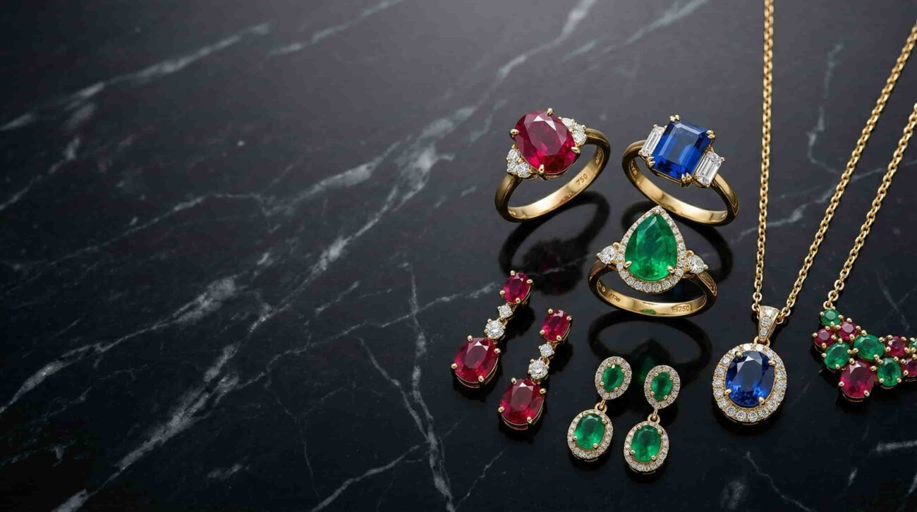 Elegant gold jewelry set featuring ruby, emerald, and sapphire gemstone rings, earrings, and pendant necklace displayed on a black marble surface.