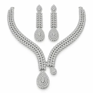 eardrop Statement Necklace Set &ndash; 925 Sterling Silver &ndash; Deep Rhodium Plated &ndash; Silver and White High Quality Zircon