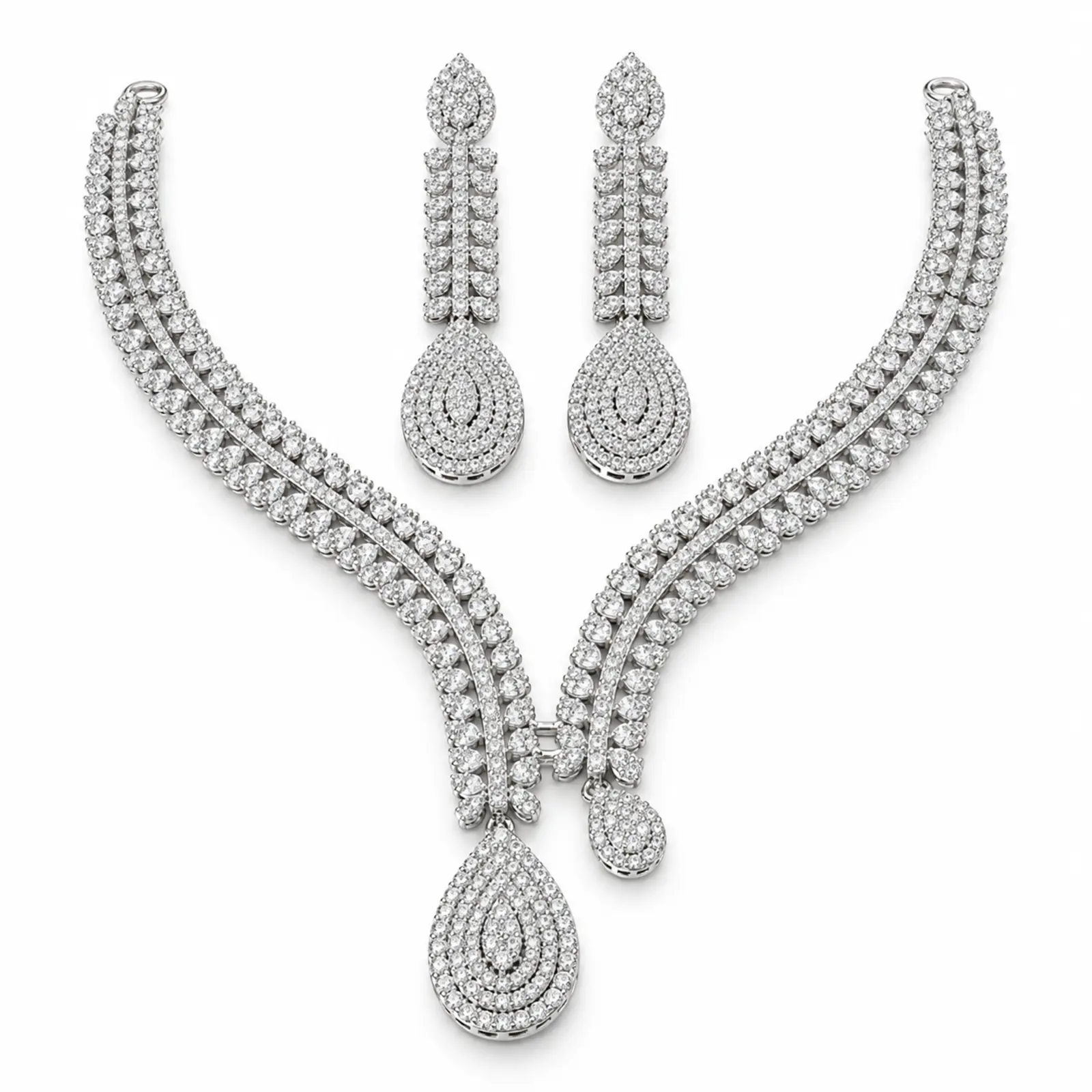 White Zircon Deep Rhodium Plated 925 Silver Necklace Set – 43g – Main Image eardrop Statement Necklace Set – 925 Sterling Silver – Deep Rhodium Plated – Silver and White High Quality Zircon