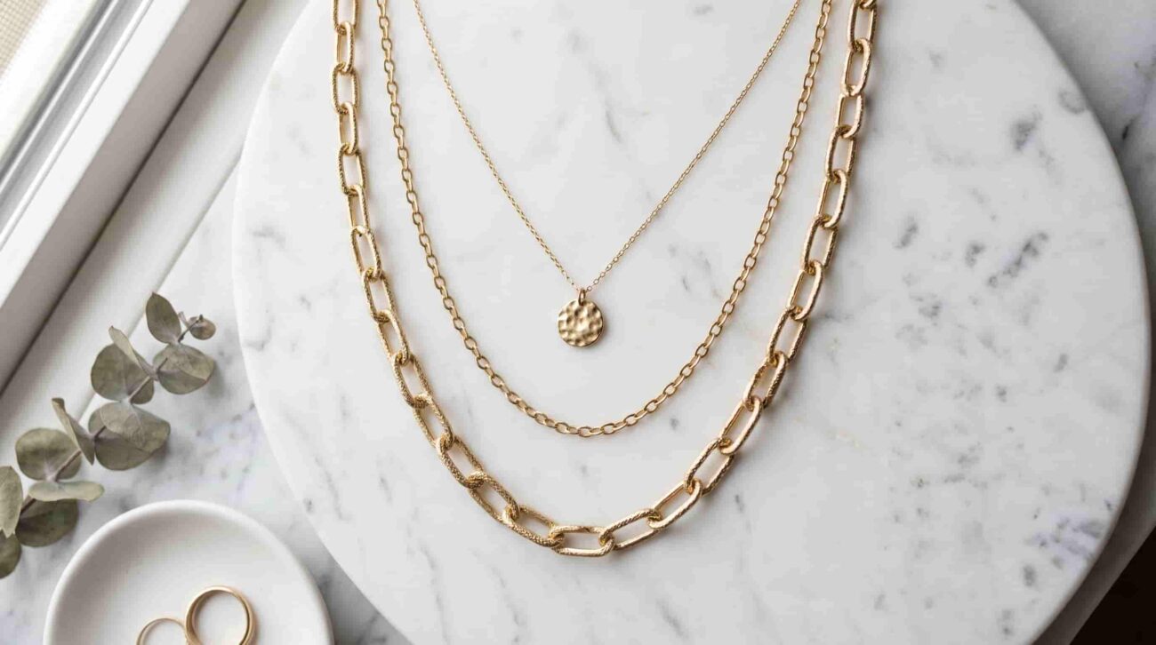 Three layered gold necklaces worn together at different lengths on a woman's neckline, styled against a neutral background.