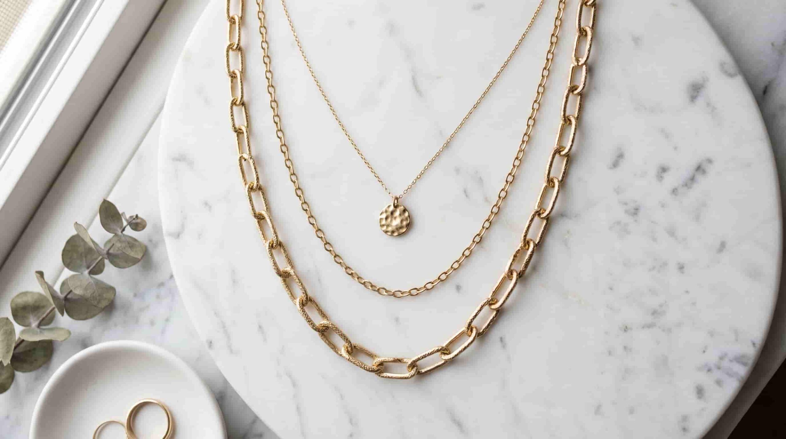 Three layered gold necklaces worn together at different lengths on a woman's neckline, styled against a neutral background.