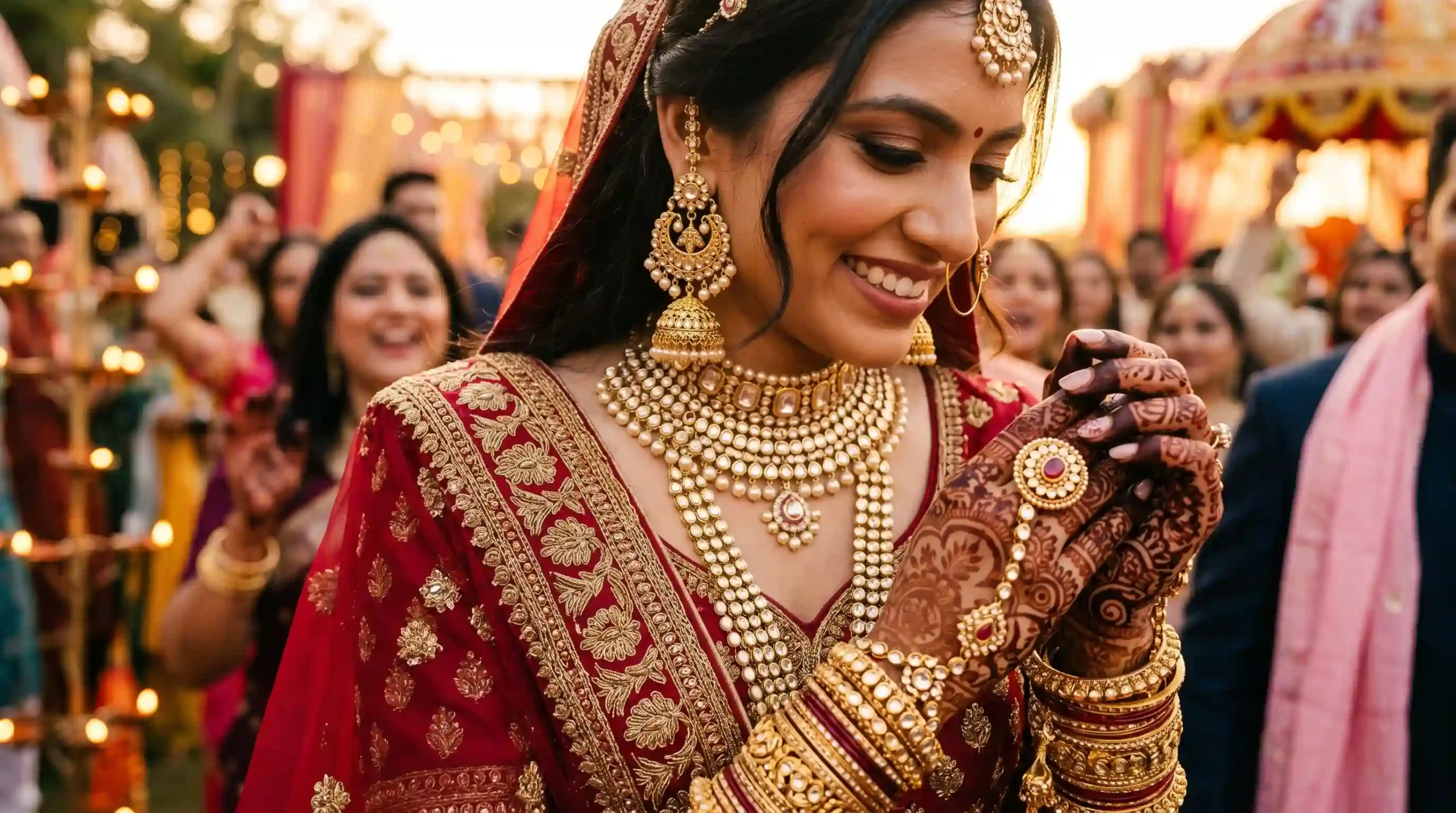 A flat-lay of traditional South Asian bridal jewellery including a gold maang tikka, layered polki necklaces, jhumka earrings, and gold bangles on a deep red velvet surface.