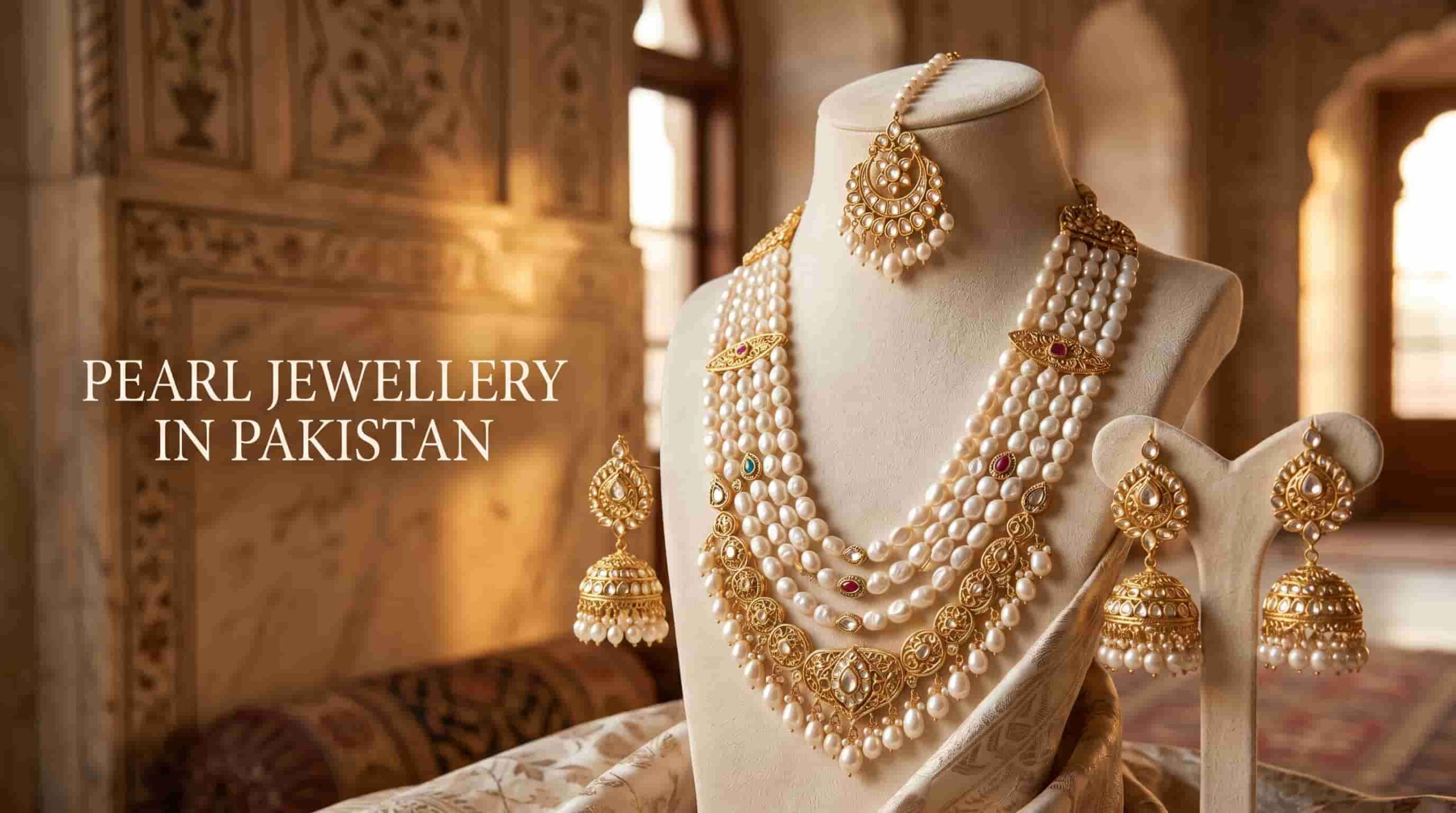 "Pearl Jewellery in Pakistan scaled 925 silver jewelry Karachi". Exquisite Pakistani bridal pearl jewelry set featuring lustrous freshwater pearls with gold-plated kundan motifs, layered necklace, jhumkas earrings, and tikka displayed on a marble surface evoking Lahore heritage.