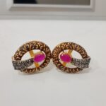 Gold plated round floral stud earrings with pink ruby centre stone and CZ sparkle – Zuha Jewellery Pakistan