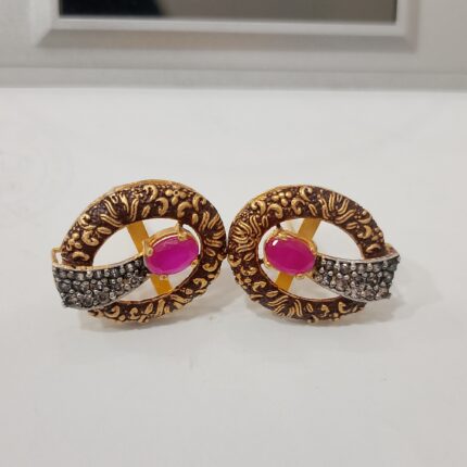Gold plated round floral stud earrings with pink ruby centre stone and CZ sparkle – Zuha Jewellery Pakistan
