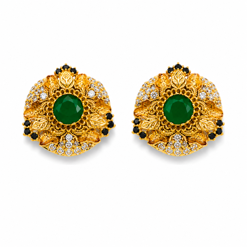 two tone gold emerald black zircon earrings closeup