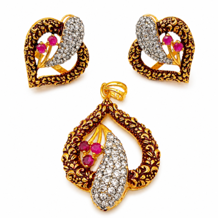 Text: antique gold plated meenakari paisley pendant set with earrings