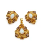 Antique Gold Opal Pendant Set with Ruby and Smoky Zircon on 925 Sterling Silver