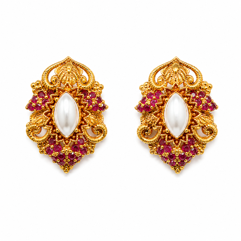 antique gold pearl ruby filigree pendant set earrings.jpg
