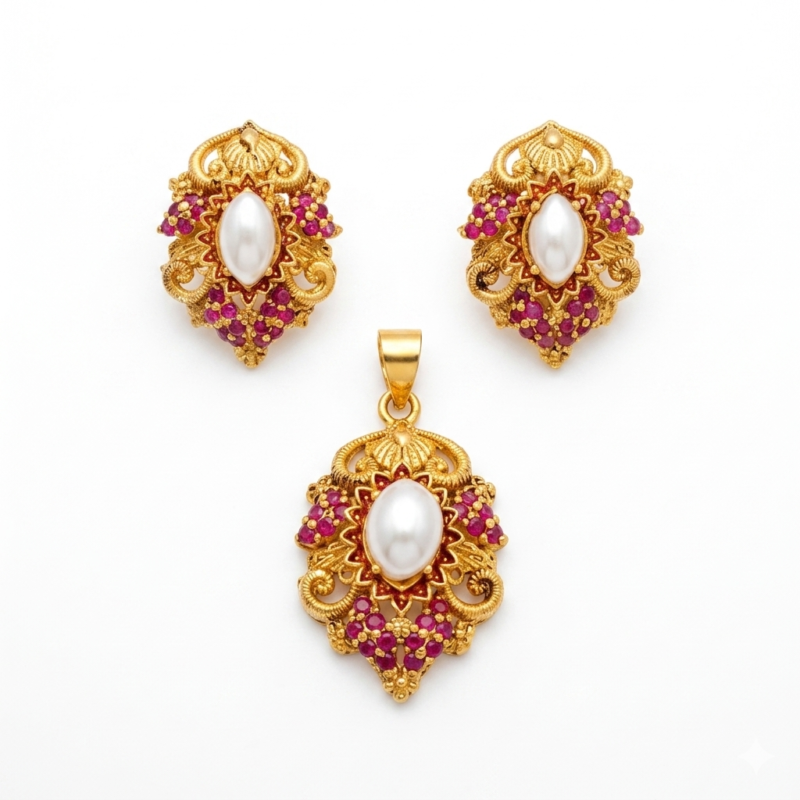 antique gold pearl ruby filigree pendant set listing.md