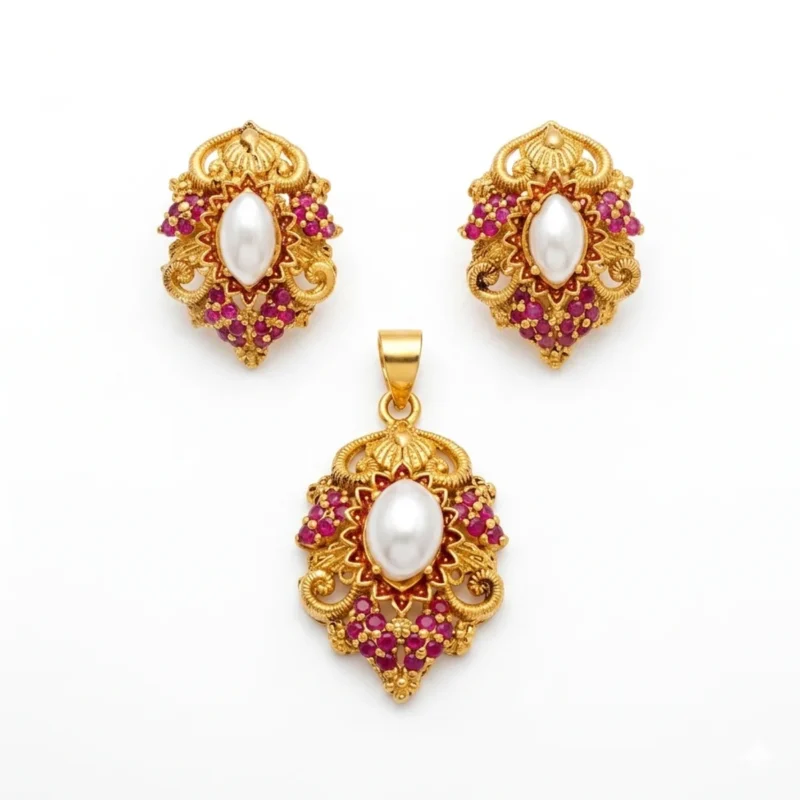 Antique Gold Pearl Ruby Pendant Set 925 Sterling Silver Gold Plated