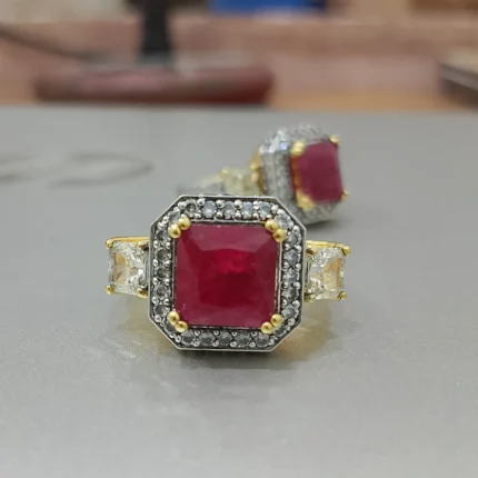 Antique Victorian Ruby Diamond Ring 925 Sterling Silver Deep Rhodium Plated - View 2