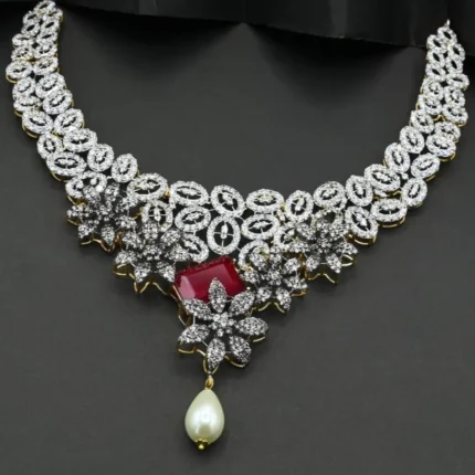 bridal necklace earrings set ruby pearl 925 sterling silver floral design