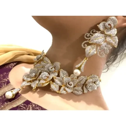 floral stone choker set in 925 sterling silver with gold plated and deep rhodium plated finishes