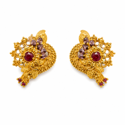 gold plated floral sunburst ruby pendant set with earrings