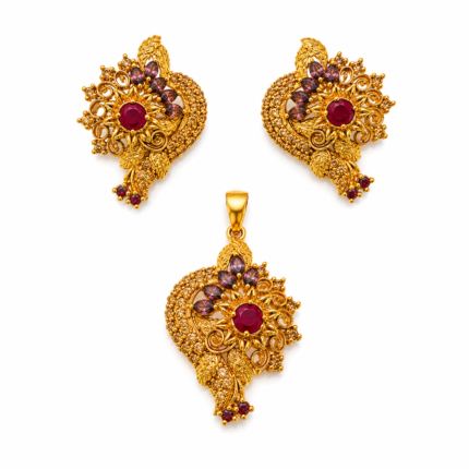 gold plated floral sunburst ruby pendant set with earrings