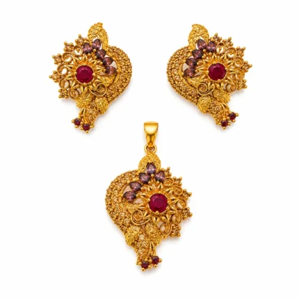 Gold Plated Floral Sunburst Ruby Pendant Set 925 Sterling Silver