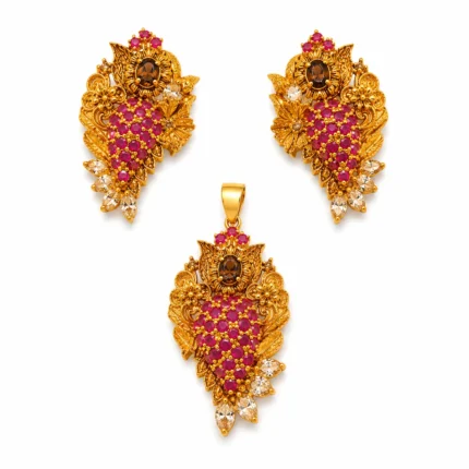 Ruby grape leaf gold plated locket set 925 Sterling Silver