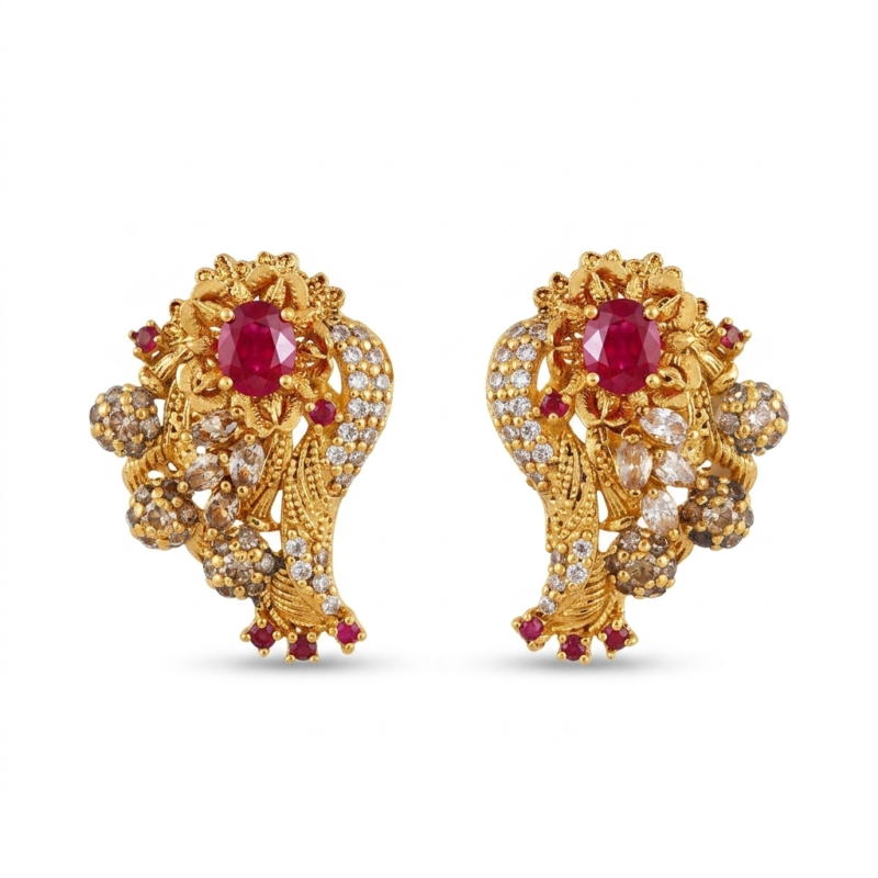 gold plated ruby paisley cascade pendant set earrings.jpg