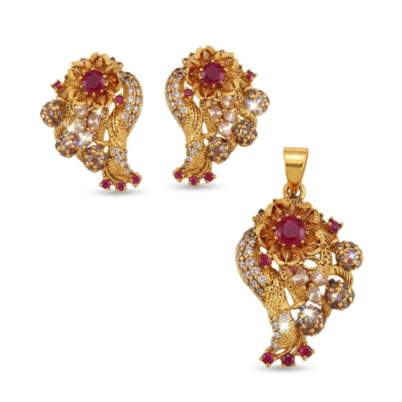 gold plated ruby paisley cascade pendant set full look.jpg