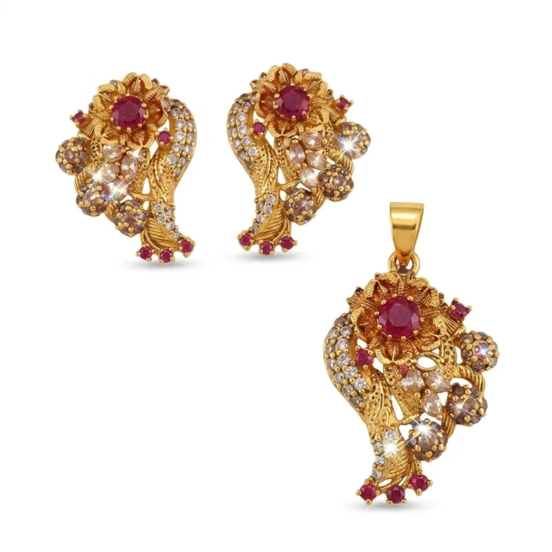 Gold Plated Ruby Paisley Cascade Pendant Set in 925 Sterling Silver
