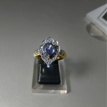 Oval Tanzanite Diamond Ring in 925 Sterling Silver Deep Rhodium Plated