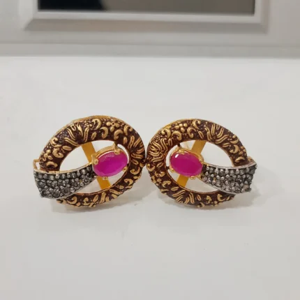 Pink Ruby Floral Gold Plated Pendant Set in 925 Sterling Silver with diamond cut earrings - SKU ZJ-PS-18430 - View 2