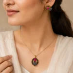 Pink Ruby Floral Gold Plated Pendant Set in 925 Sterling Silver with diamond cut earrings - SKU ZJ-PS-18430 - View 4