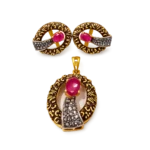 Pink Ruby Floral Gold Plated Pendant Set in 925 Sterling Silver with diamond cut earrings - SKU ZJ-PS-18430