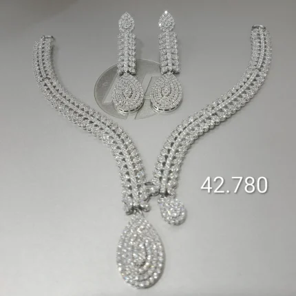 Silver Bridal Necklace Set with Dangling Earrings 925 Sterling Silver Deep Rhodium Plated High Quality White Zircon