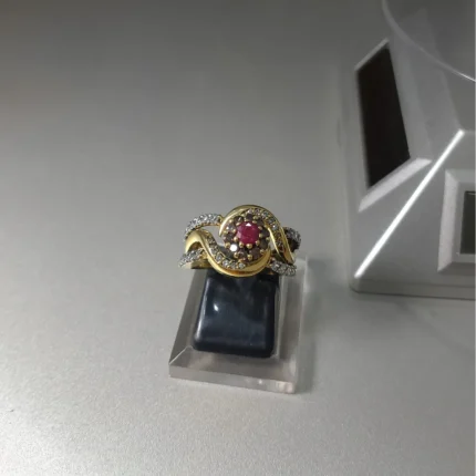 Ruby Diamond Ring Set 925 Sterling Silver Gold Plated with Ruby and High Quality White Zircon