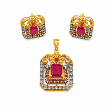 antique gold plated ruby pendant set with matching earrings
