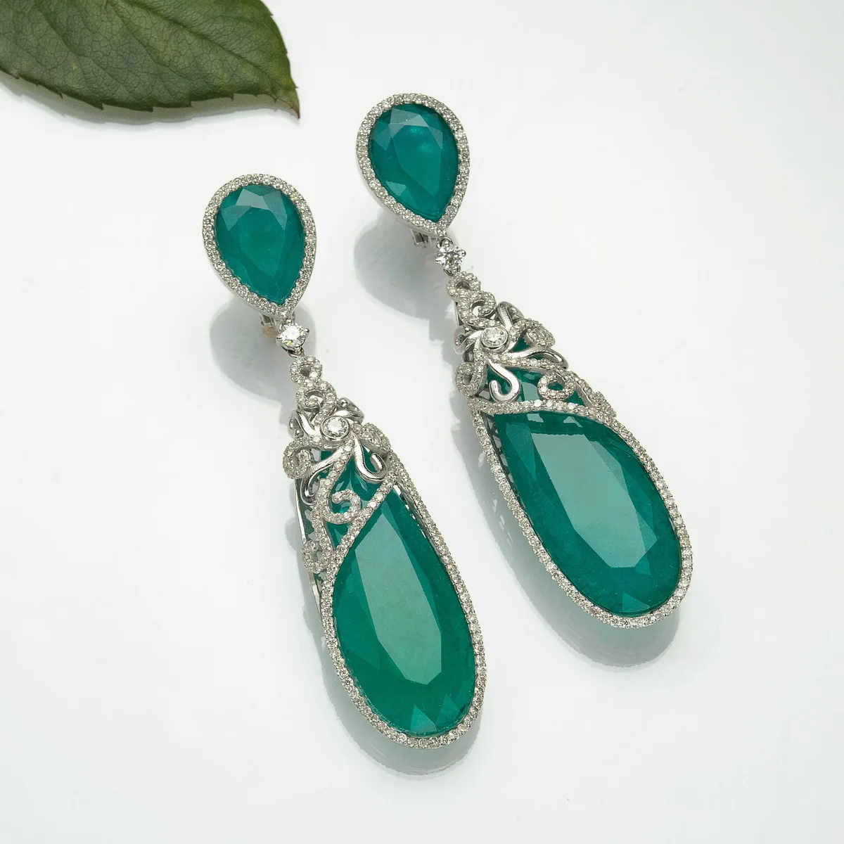 Green Emerald & White Zircon Earrings - 925 Silver green emerald zircon earrings in 925 Sterling Silver with Deep Rhodium Plating