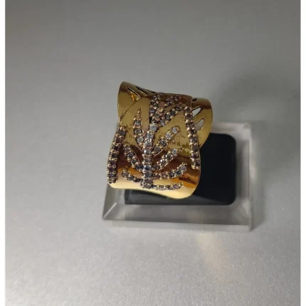 wide gold ring 925 Sterling Silver Gold Plated leaf vine pattern High Quality White Zircon - View 2