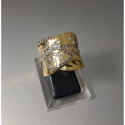 wide gold ring 925 Sterling Silver Gold Plated leaf vine pattern High Quality White Zircon