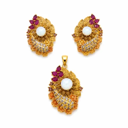 White Opal Gold Plated Locket Set with Ruby Stones on 925 Sterling Silver