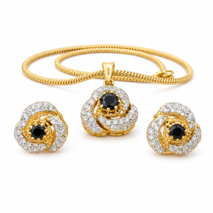 Black & White Zircon Floral Swirl Pendant Set – 925 Sterling Silver – Gold Plated – Black and Gold High Quality Zircon