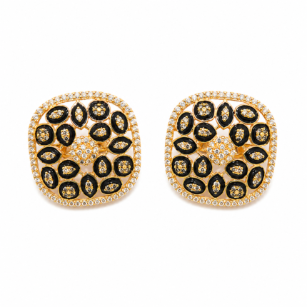 925 silver earrings in Pakistan – Gold Plated Black Enamel Paisley Floral Square Stud White Zircon