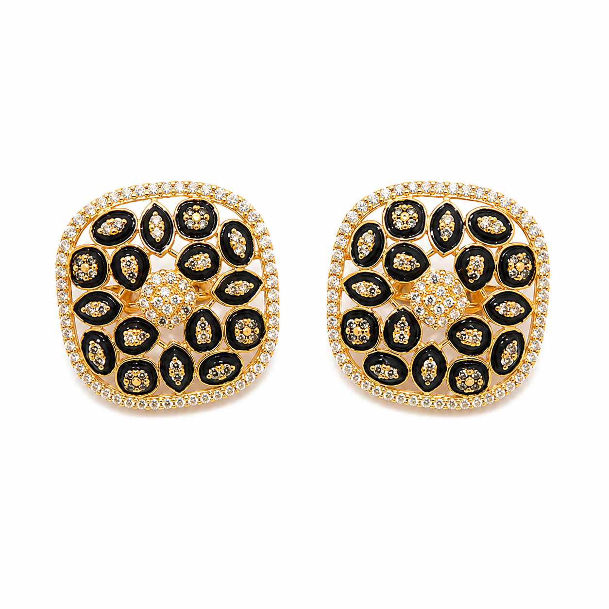 925 Sterling Silver Gold Plated Black Enamel White Zircon Stud Earrings – Main Image 925 silver earrings in Pakistan – Gold Plated Black Enamel Paisley Floral Square Stud White Zircon