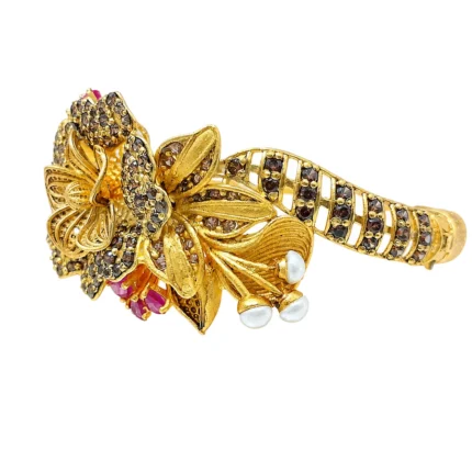 Layered Floral Statement Bracelet – Brown and Gold High Quality Zircon & Pearl-Style Accents – additional image 2