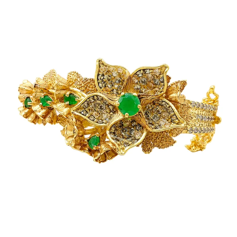 Floral Butterfly Statement Bracelet &ndash; 925 Sterling Silver &ndash; Gold Plated &ndash; Champagne and Gold High Quality Zircon
