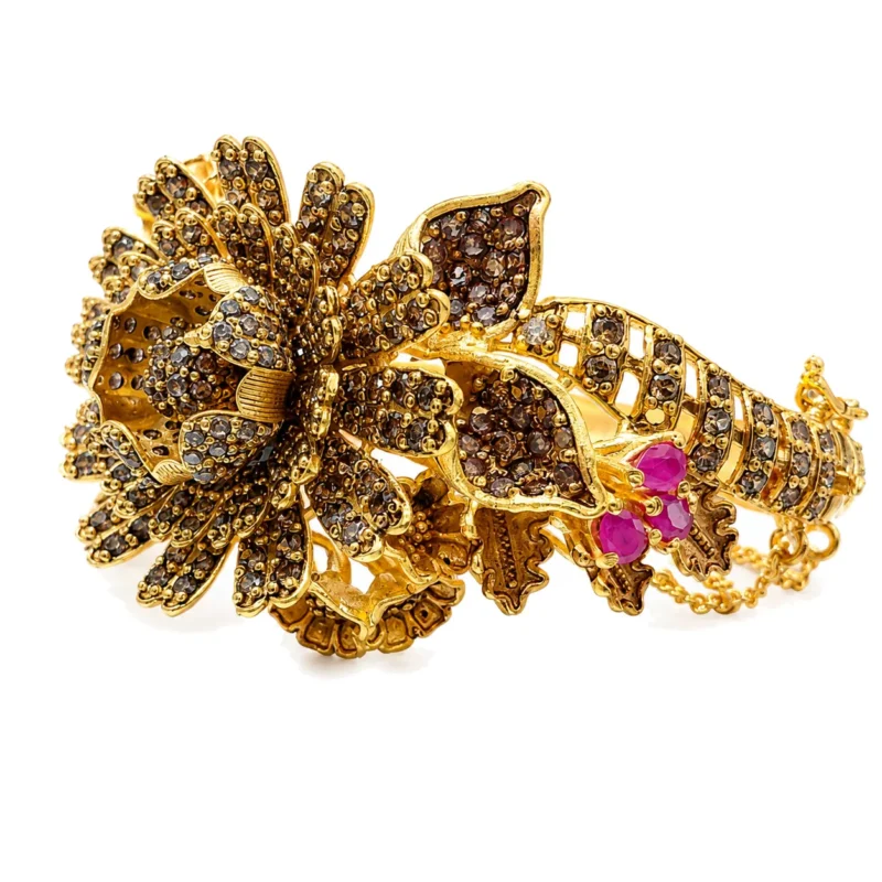 Floral-Inspired Statement Bracelet &ndash; 925 Sterling Silver &ndash; Gold Plated &ndash; Brown and Gold High Quality Zircon