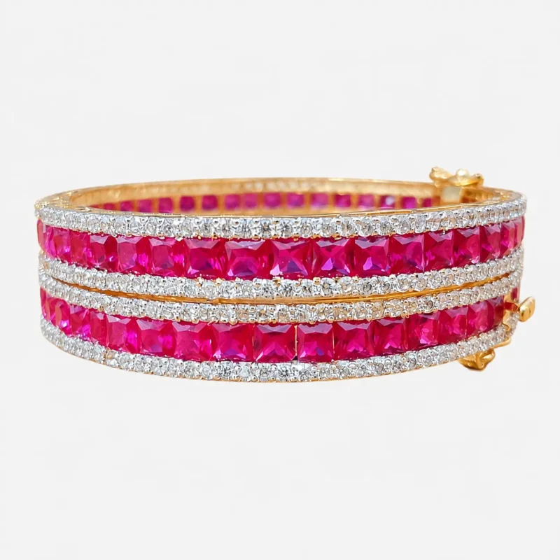 Pink & White Zircon Double-Row Bangle Set &ndash; 925 Sterling Silver &ndash; Gold Plated &ndash; Gold and Pink High Quality Zircon