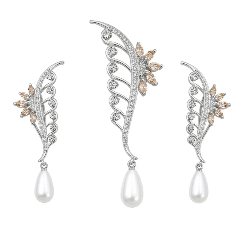 Leaf & Vine Pearl Drop Pendant Set &ndash; 925 Sterling Silver &ndash; Rhodium Plated