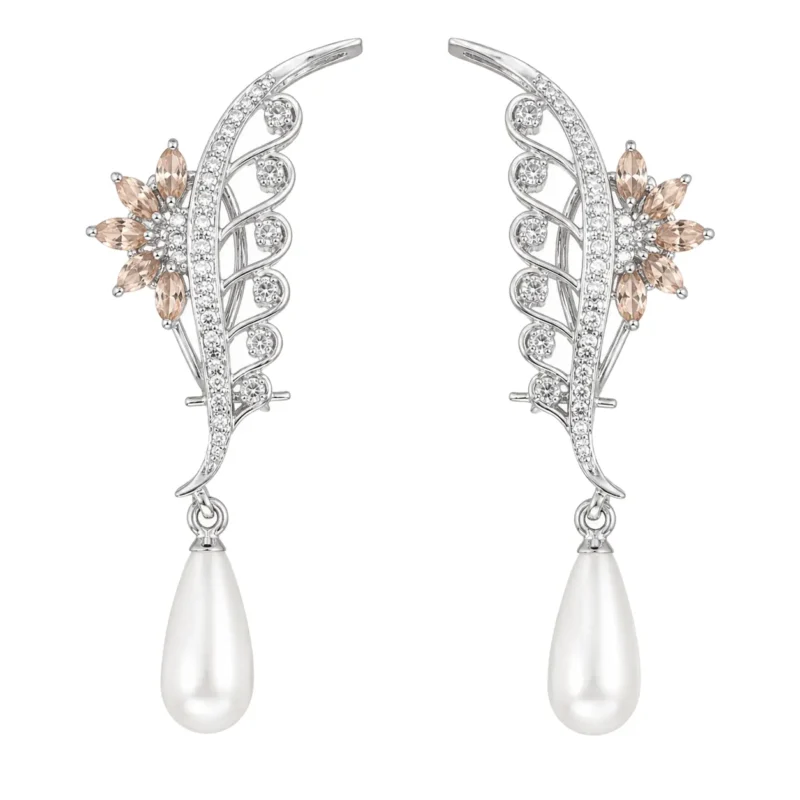 Leaf & Vine Pearl Drop Pendant Set &ndash; Champagne and Silver High Quality Zircon & Pearl Drop &ndash; additional image 2